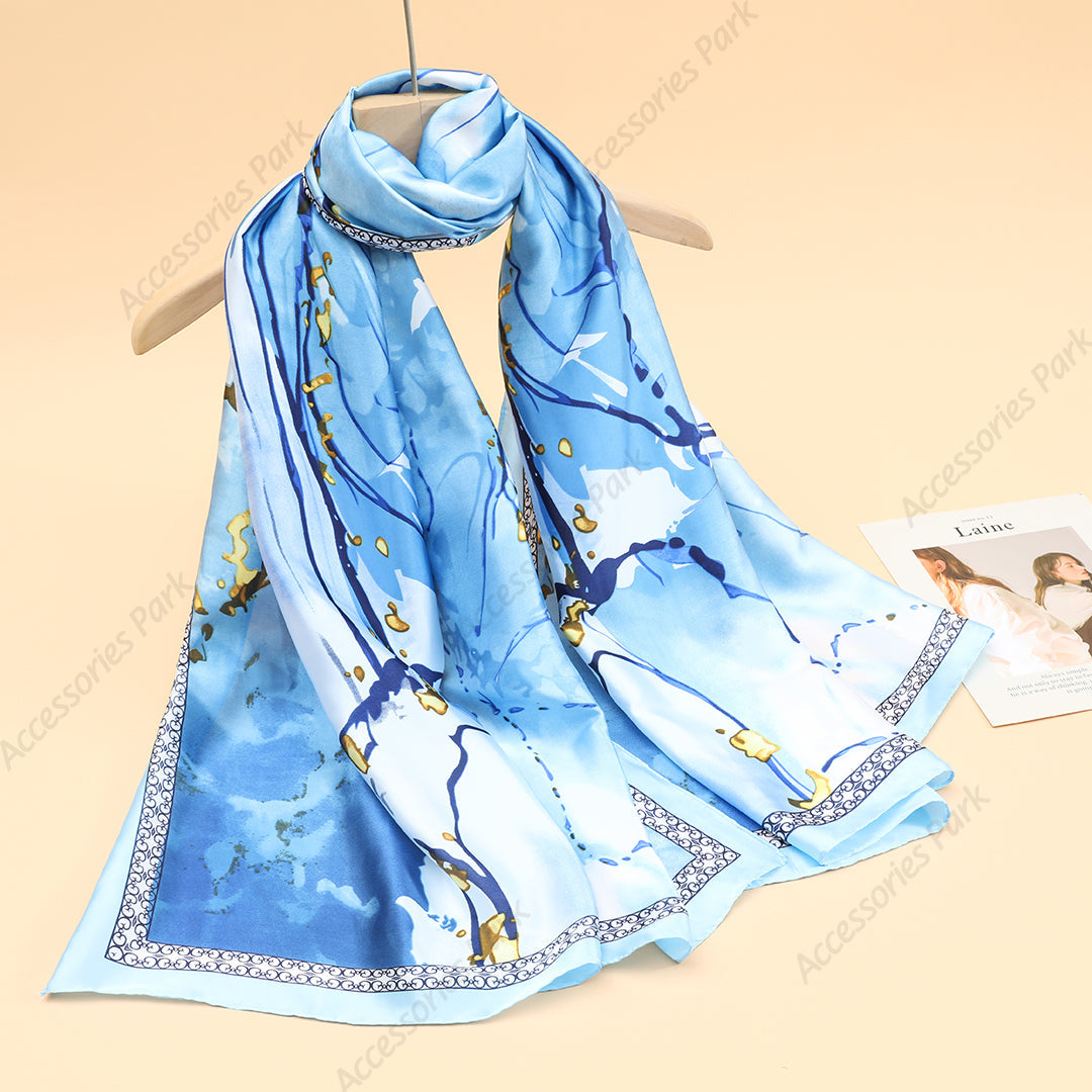Sky Blue Oil Pain Design Printed Women's Satin Silk Scarf