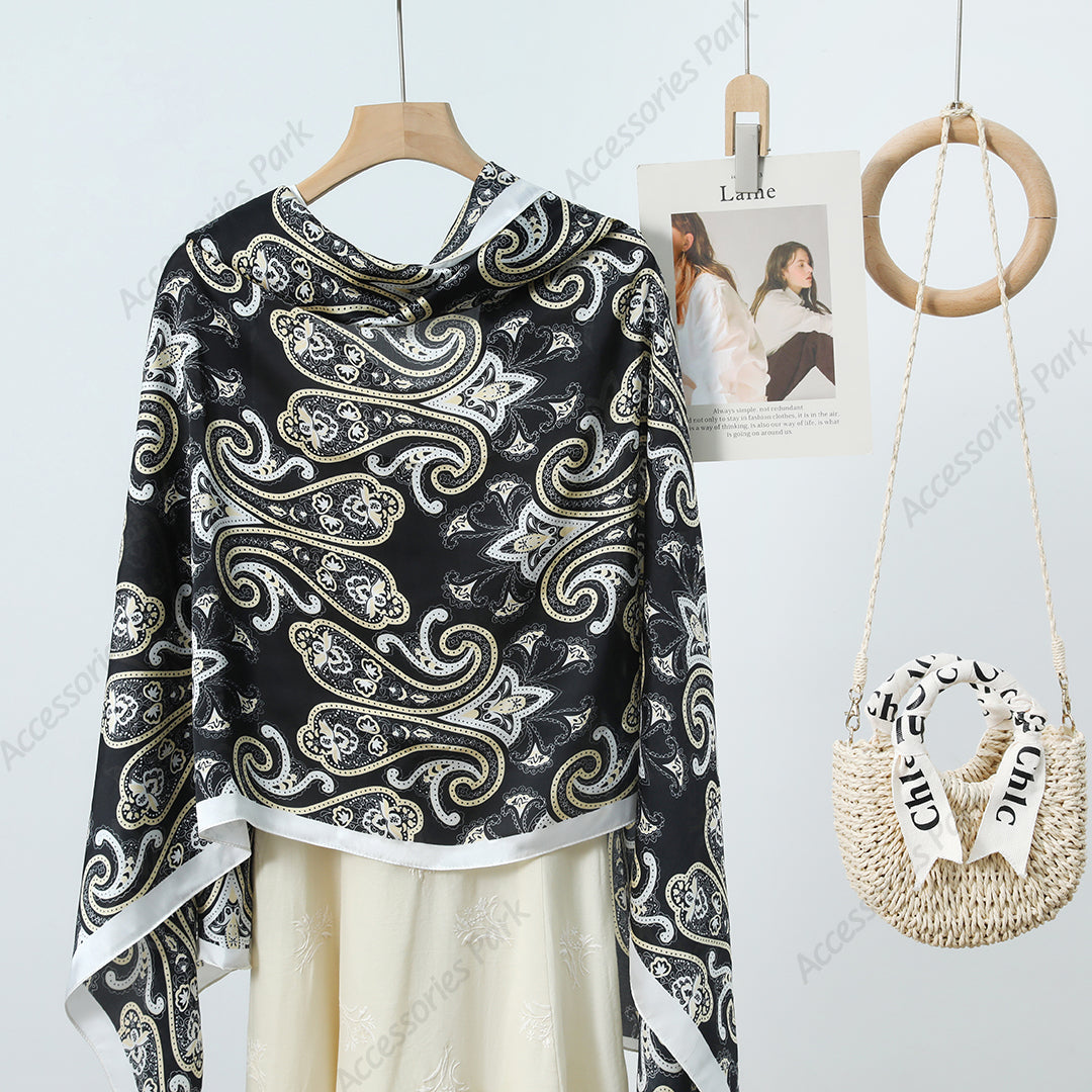 Gorgeous Black Floral Paisley Pattern Printed Satin Silk Scarf