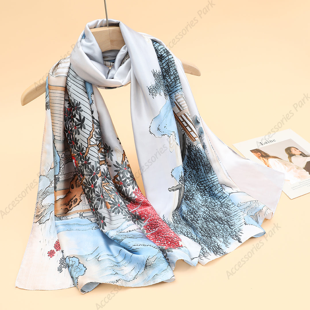 Beautiful Natural Design Printed Satin Silk Scarf