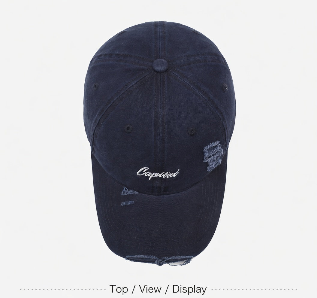 Outdoor Lettered Embroidery Soft Top Ripped Vintage Cap