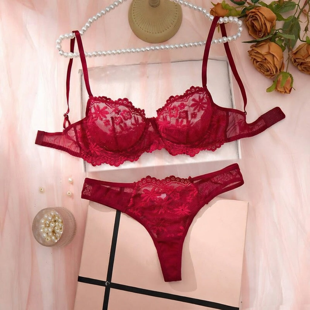 Sexy Burgundy Lace Deep V Bra and Panty Set