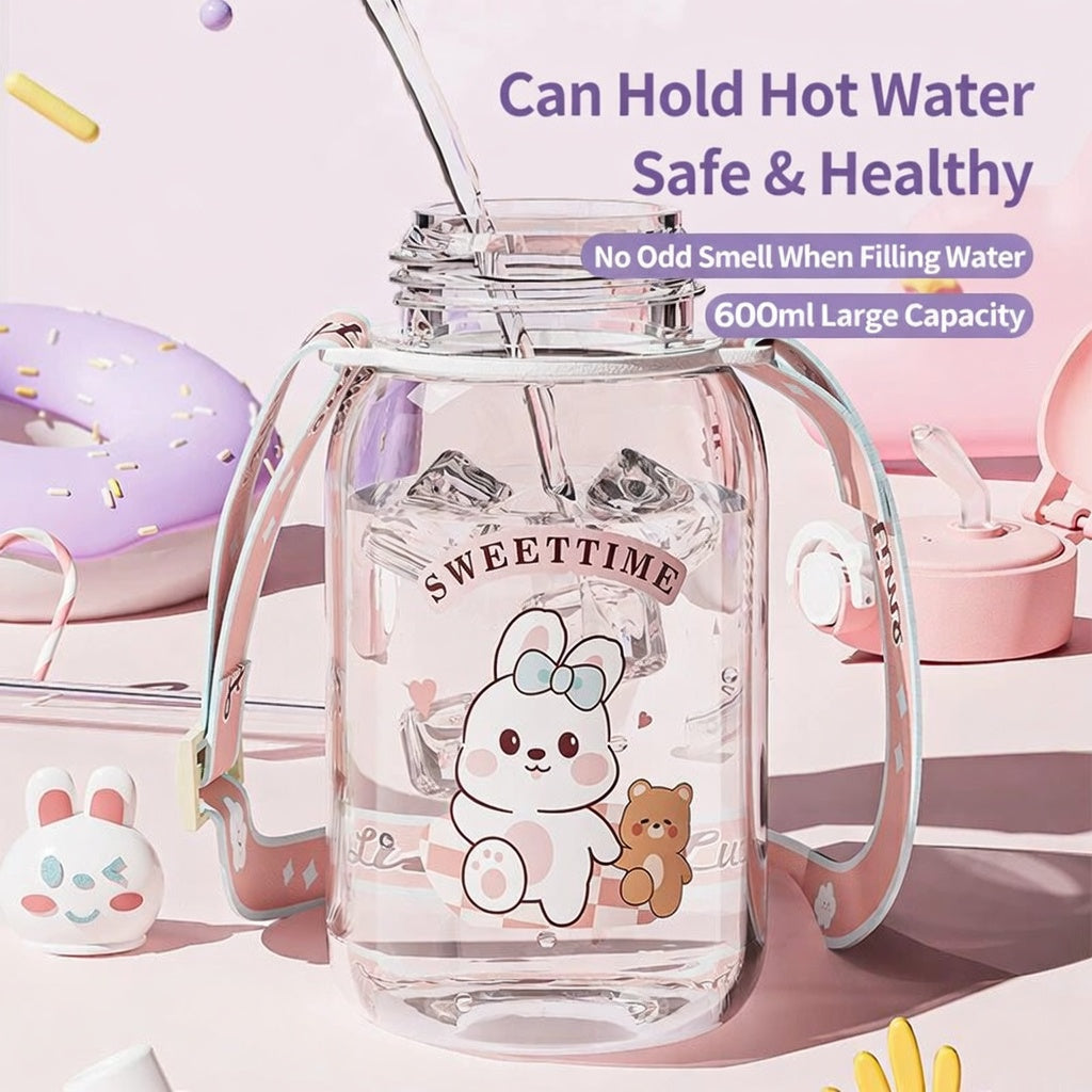 Ou Zhenglang Kids Plastic Straw Cup 600ml Cartoon Strap Design